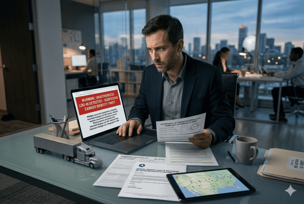 Logistics professional reviewing trucking documents at a desk while a laptop screen displays a warning about unauthorized login and suspected carrier identity theft.