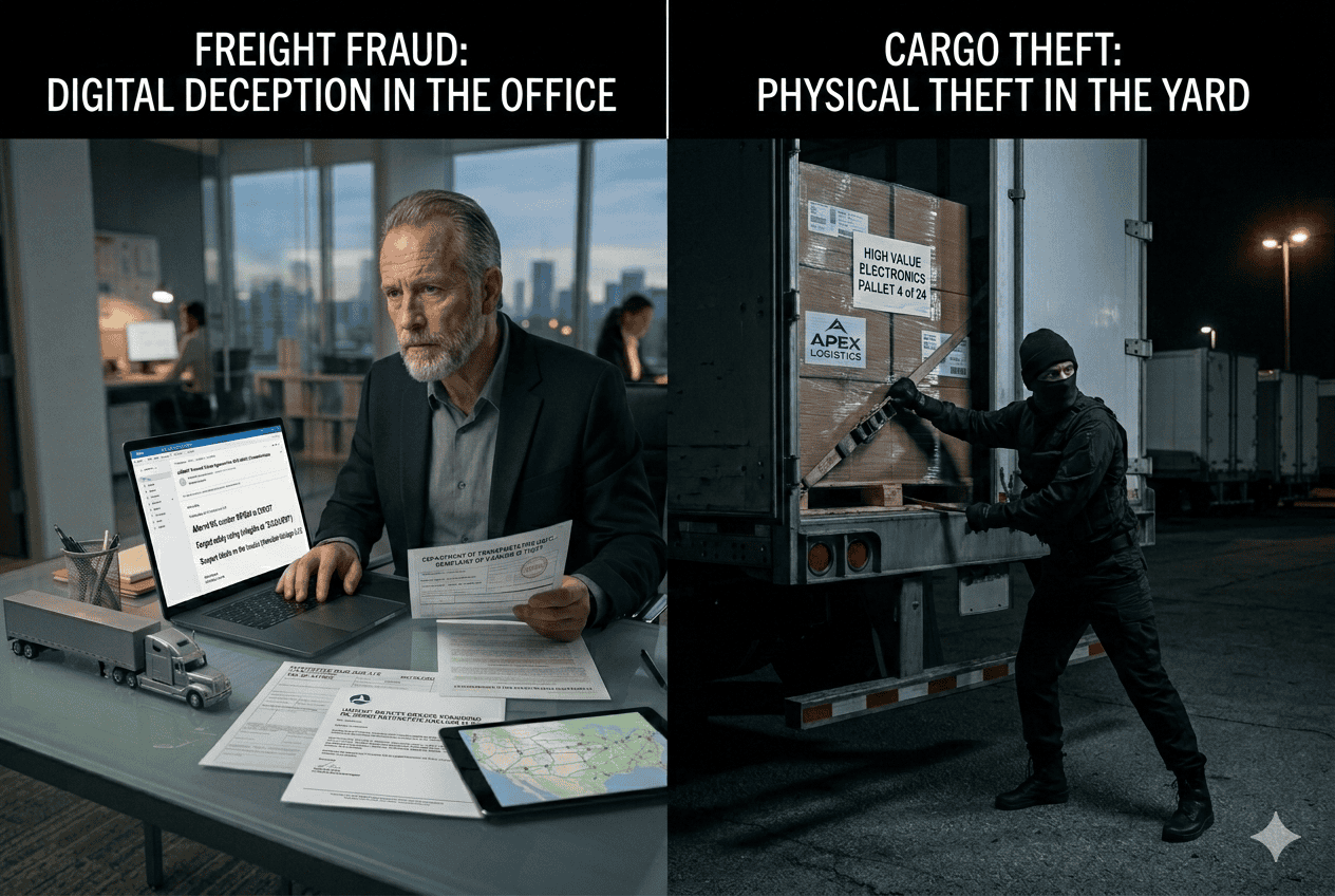 Split image showing the difference between freight fraud and cargo theft: a logistics professional reviewing suspicious shipment documents on a laptop in an office, contrasted with a masked criminal breaking into a semi-truck trailer in a yard at night.