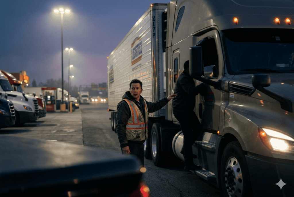 Truck driver in safety vest looking concerned as an unidentified person climbs into the cab of his semi-truck at a truck stop at dusk, depicting a trucking hijacking scenario.