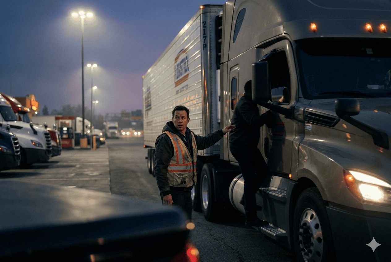 Truck driver in safety vest looking concerned as an unidentified person climbs into the cab of his semi-truck at a truck stop at dusk, depicting a trucking hijacking scenario.