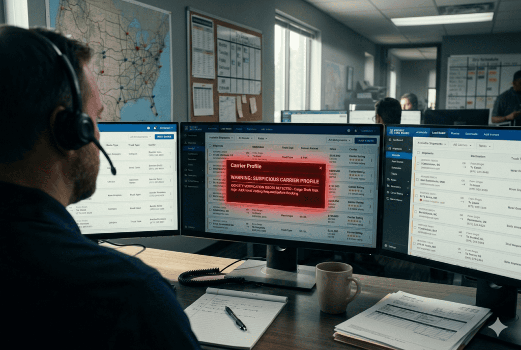 Dispatcher viewing a freight load board on multiple monitors with a warning about a suspicious carrier profile and identity verification issues.