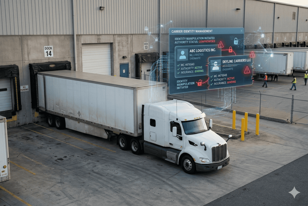 Semi-truck backed into a warehouse loading dock while a digital interface highlights compromised carrier identity data, illustrating carrier identity theft and cyber-enabled freight fraud in the trucking industry.