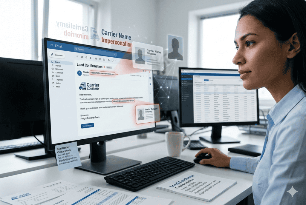 Freight dispatcher reviewing a suspicious load confirmation email on a computer screen showing carrier name impersonation, illustrating a cyber-enabled freight fraud scam in the trucking industry.