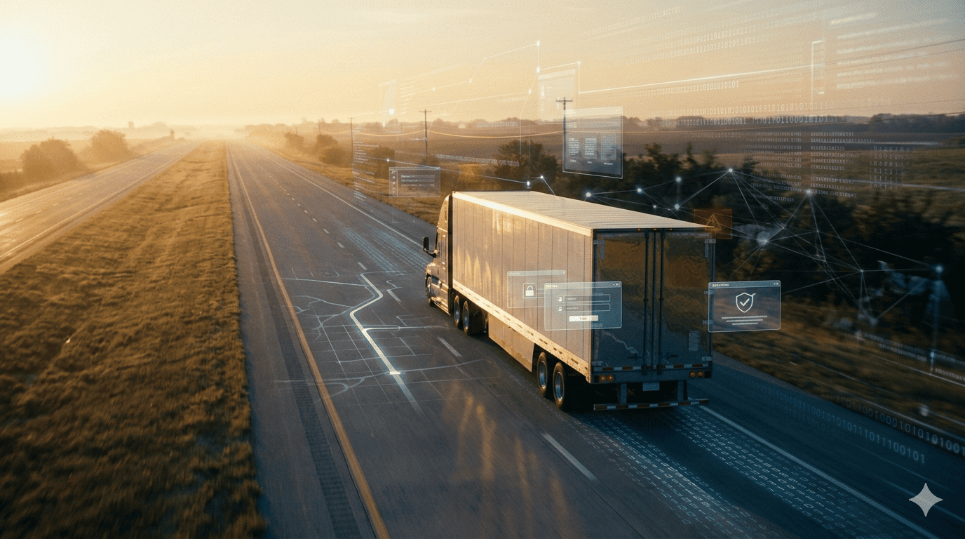 Semi-truck hauling a dry van trailer driving on a U.S. highway with digital network overlays and warning icons representing cyber-enabled freight fraud and cargo theft risks in modern trucking logistics.