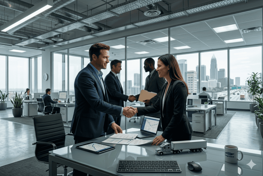 Two logistics professionals shaking hands in a freight brokerage office, illustrating a trucking brokerage agreement and the risk of double brokering fraud in the logistics industry.