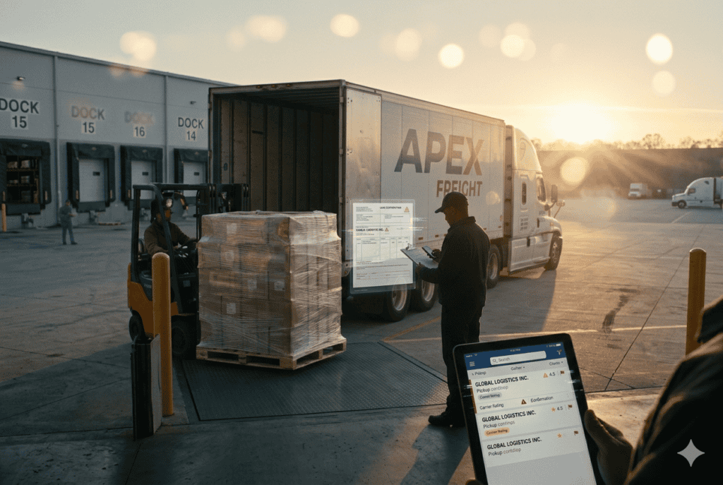 Warehouse loading dock where a forklift loads pallets into a semi-truck during a fictitious pickup scenario, while a logistics worker checks shipment details on a tablet showing a carrier verification alert.