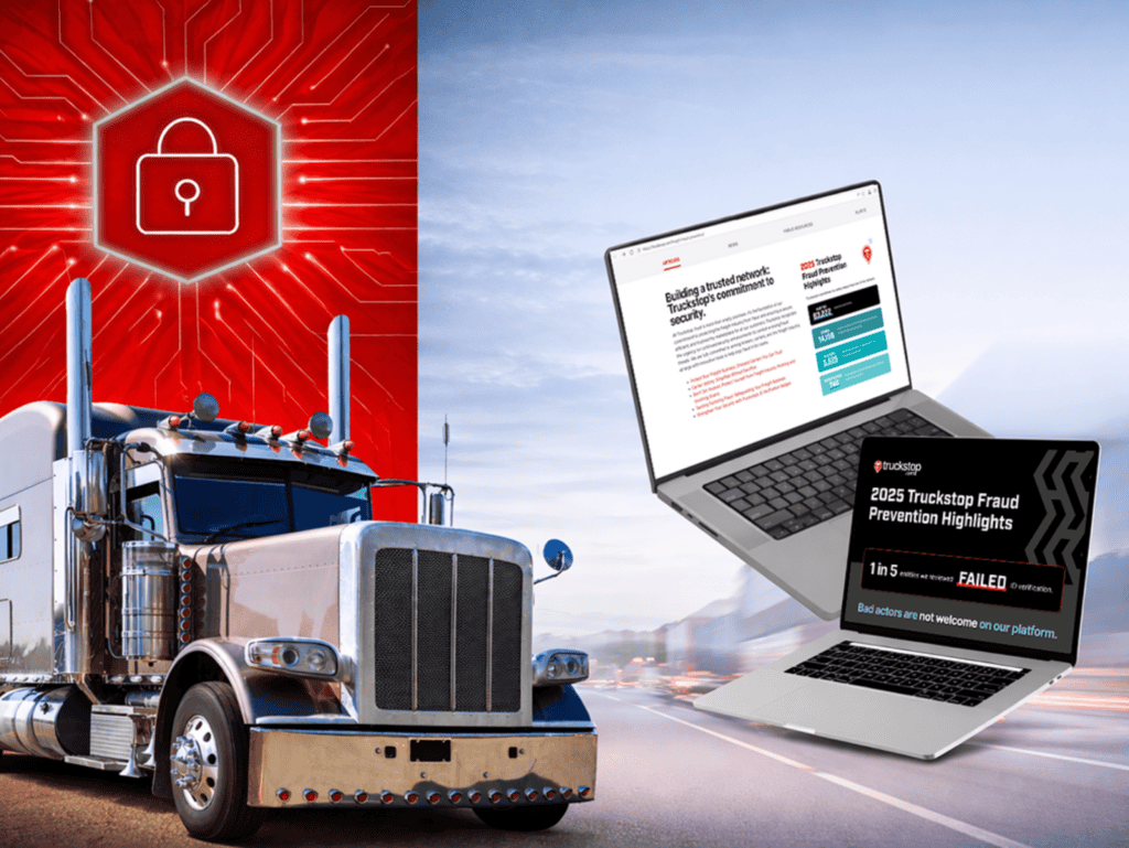 Semi-truck driving on highway beside digital red cybersecurity shield icon with laptops displaying freight fraud prevention dashboard and identity verification statistics.