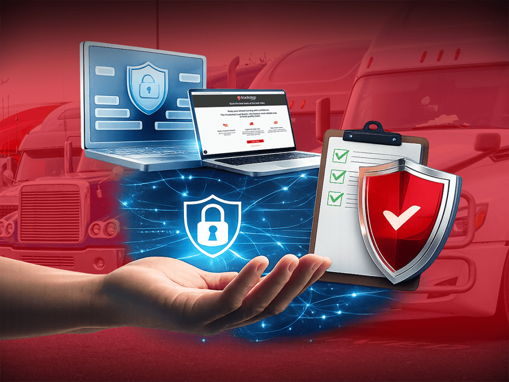 Laptop screens with security shield icons and verification checklist floating above hand in front of semi-trucks, representing carrier ID verification and freight fraud protection.