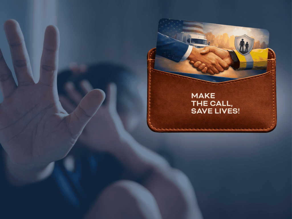 Person reaching out in distress with a wallet holding an emergency roadside assistance card that says “Make the call, save lives”.