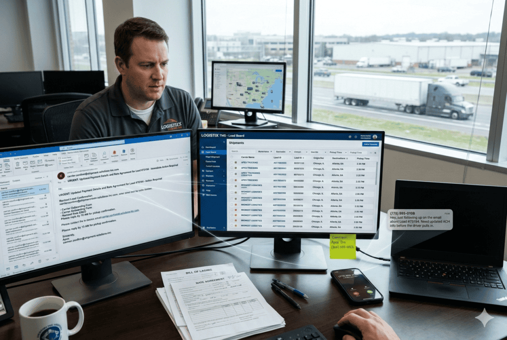 Logistics dispatcher reviewing a suspicious email and text message requesting payment changes while managing freight shipments on a load board system, illustrating a social engineering freight fraud scam.