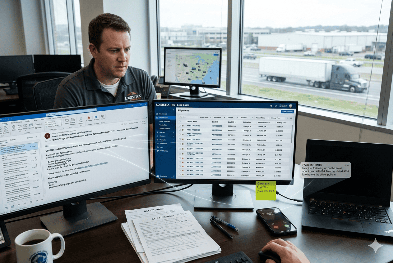 Logistics dispatcher reviewing a suspicious email and text message requesting payment changes while managing freight shipments on a load board system, illustrating a social engineering freight fraud scam.