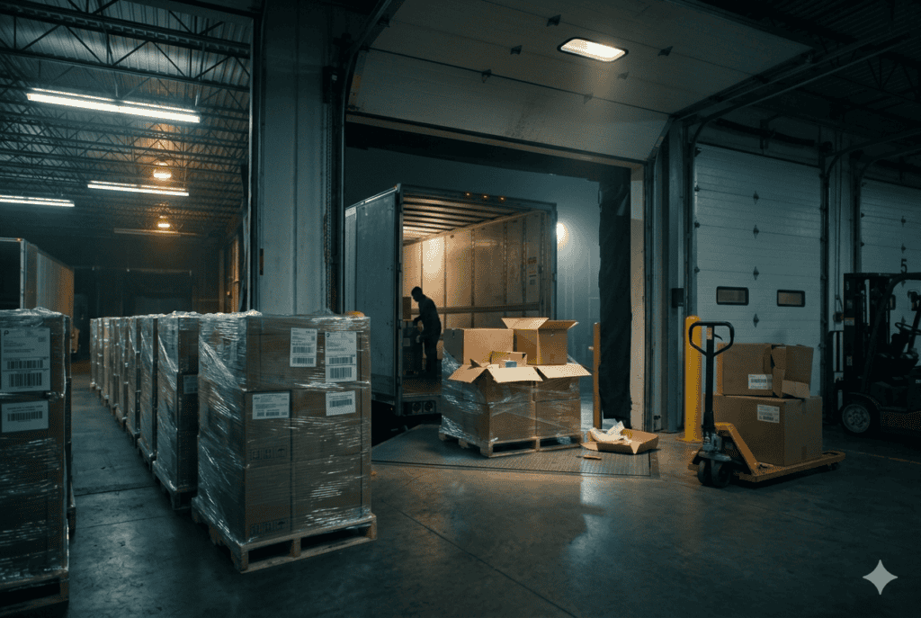 Warehouse loading dock with pallets of freight being loaded into a truck trailer at night, illustrating a potential cargo theft or freight fraud risk during shipment pickup.