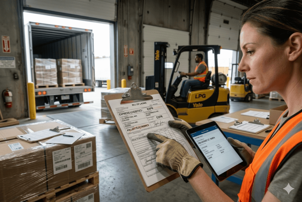 Warehouse supervisor at a freight loading dock reviewing a bill of lading and verifying shipment details on a tablet to detect potential freight fraud.