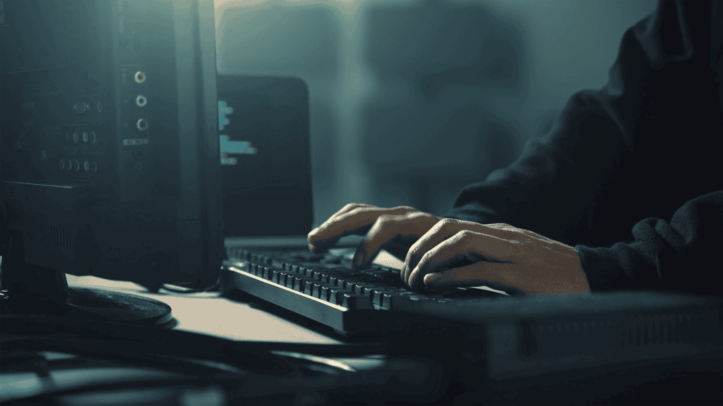 Cybersecurity threat actor typing on a computer keyboard in a dark environment, representing phishing attacks, lookalike domains, cybercrime, and transportation industry cybersecurity risks.