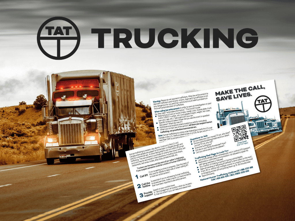 A photo of the TAT over the road wallet card with a caption "TAT Trucking."