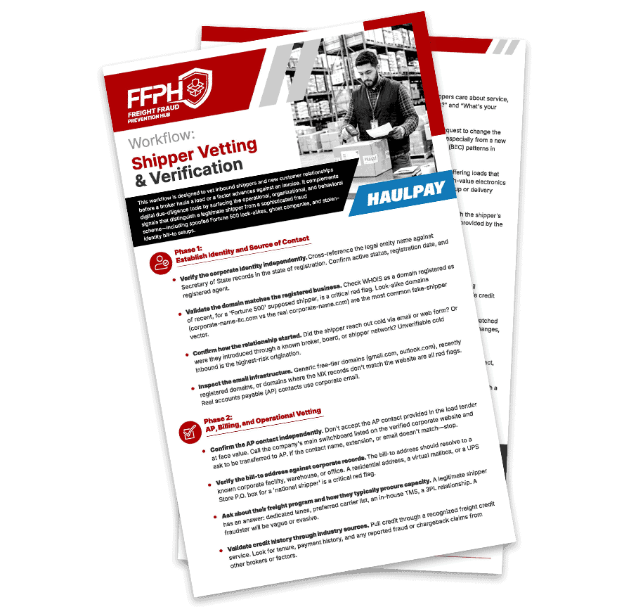 Preview of the Freight Fraud Prevention Hub Shipper Vetting & Verification Workflow document outlining steps for verifying shipping customers and preventing freight fraud.