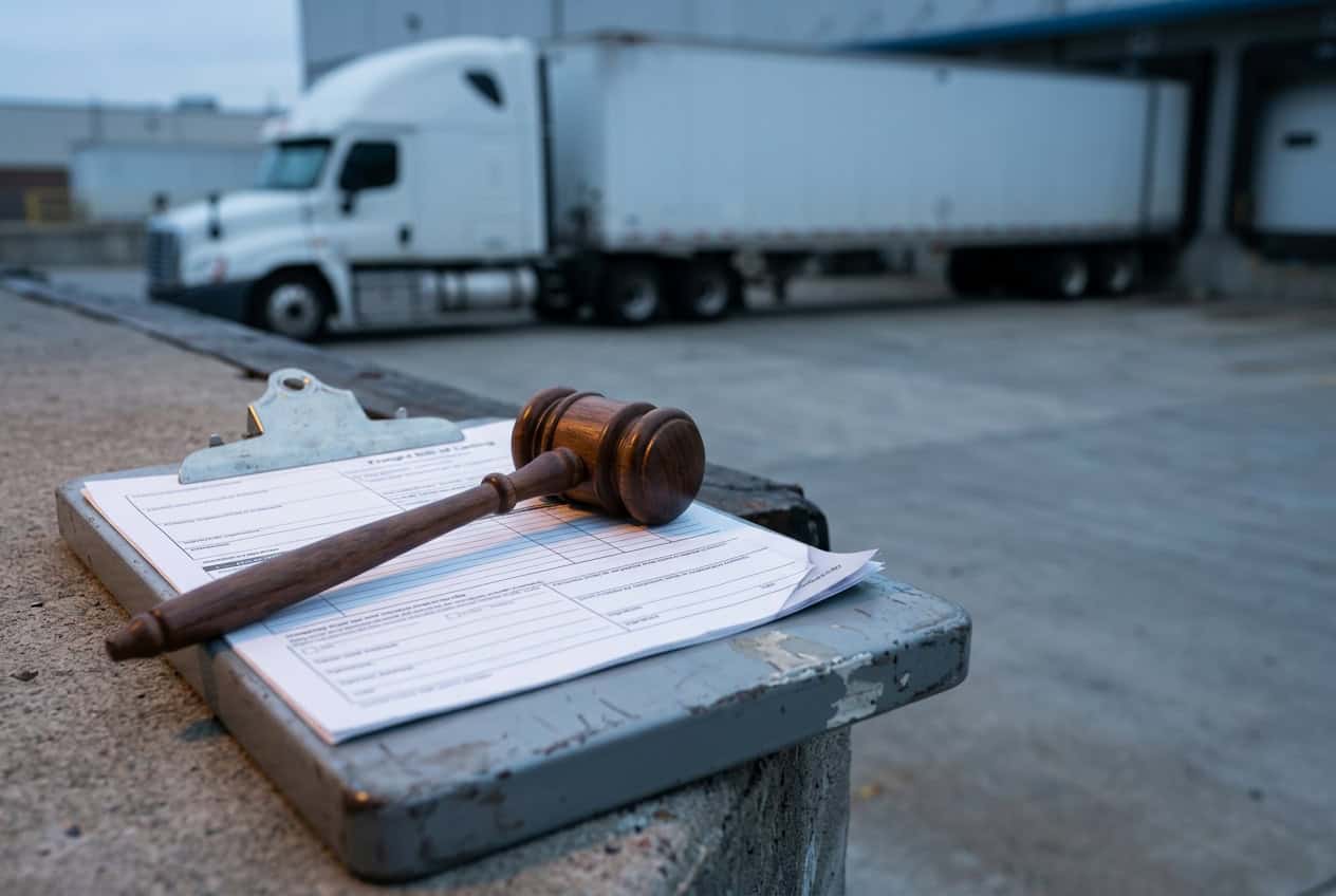 A wooden gavel on a freight bill of lading clipped to a clipboard at a warehouse loading dock, with a white semi-truck and trailer in the background.