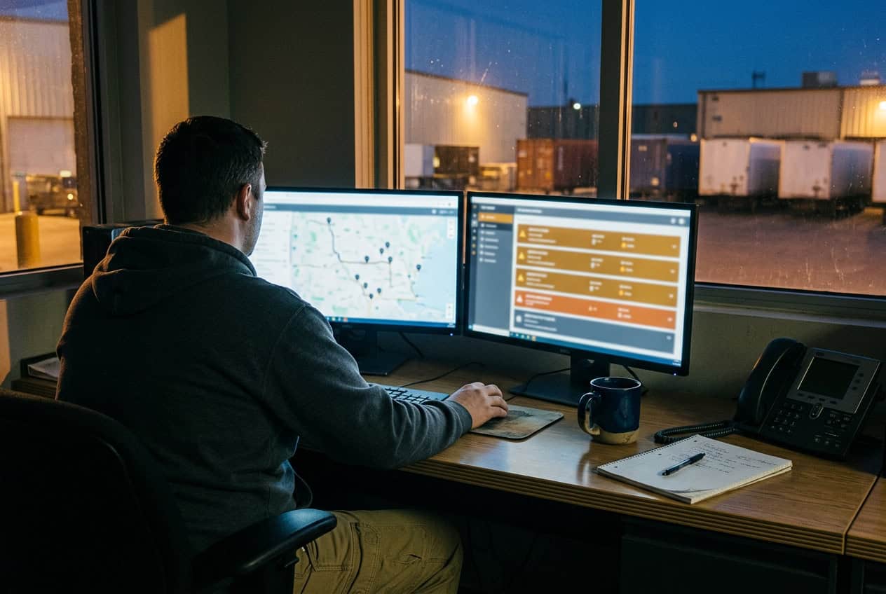 Freight dispatcher at night watching a GPS shipment tracking map and cargo theft alert dashboard beside a trailer yard.