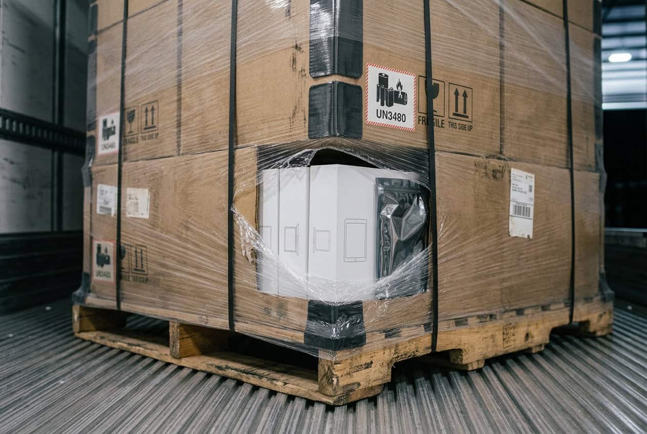 Shrink-wrapped pallet in a trailer with a hole cut through the wrap and a carton, exposing boxed tablets with UN3480 lithium battery labels