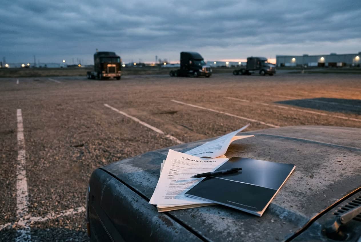 A truck lease agreement and a pen resting on the hood of a weathered pickup. Three semi-truck tractors are parked in an empty gravel trucking yard at dusk.