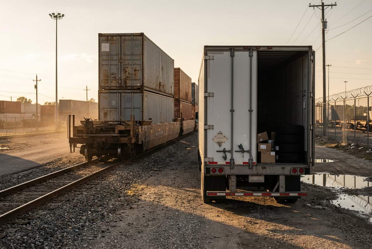 Semi-trailer with its rear door open and boxed cargo and tires showing, parked beside stacked rail containers at an intermodal yard