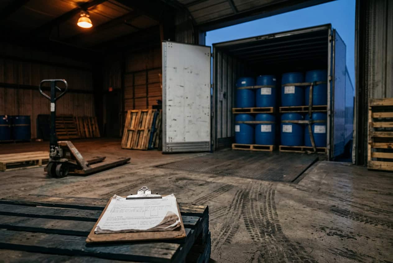 Blue plastic drums strapped on pallets inside an open semi-trailer at a warehouse dock, with a bill of lading on a clipboard