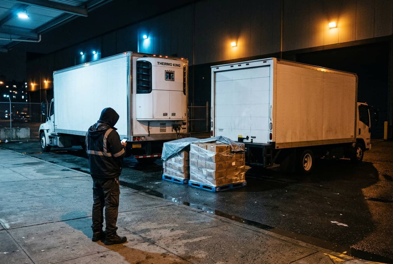A person in a hooded high-visibility jacket looks at a phone next to two shrink-wrapped pallets left unattended between a refrigerated truck and a box truck at a warehouse loading area at night.