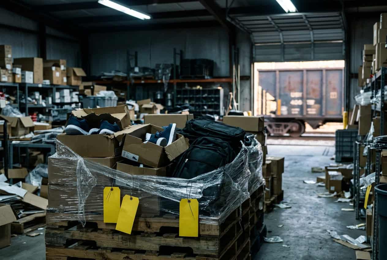 Shrink-wrapped pallets of sneakers and backpacks with yellow tags in a messy warehouse, a rail boxcar at the open dock door