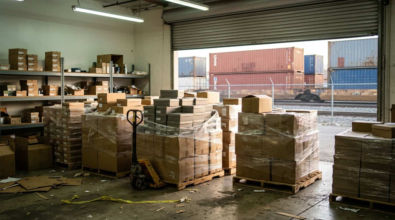 Ransacked warehouse with shrink-wrapped pallets, pallet jack and caution tape, open dock door facing a rail yard of containers.