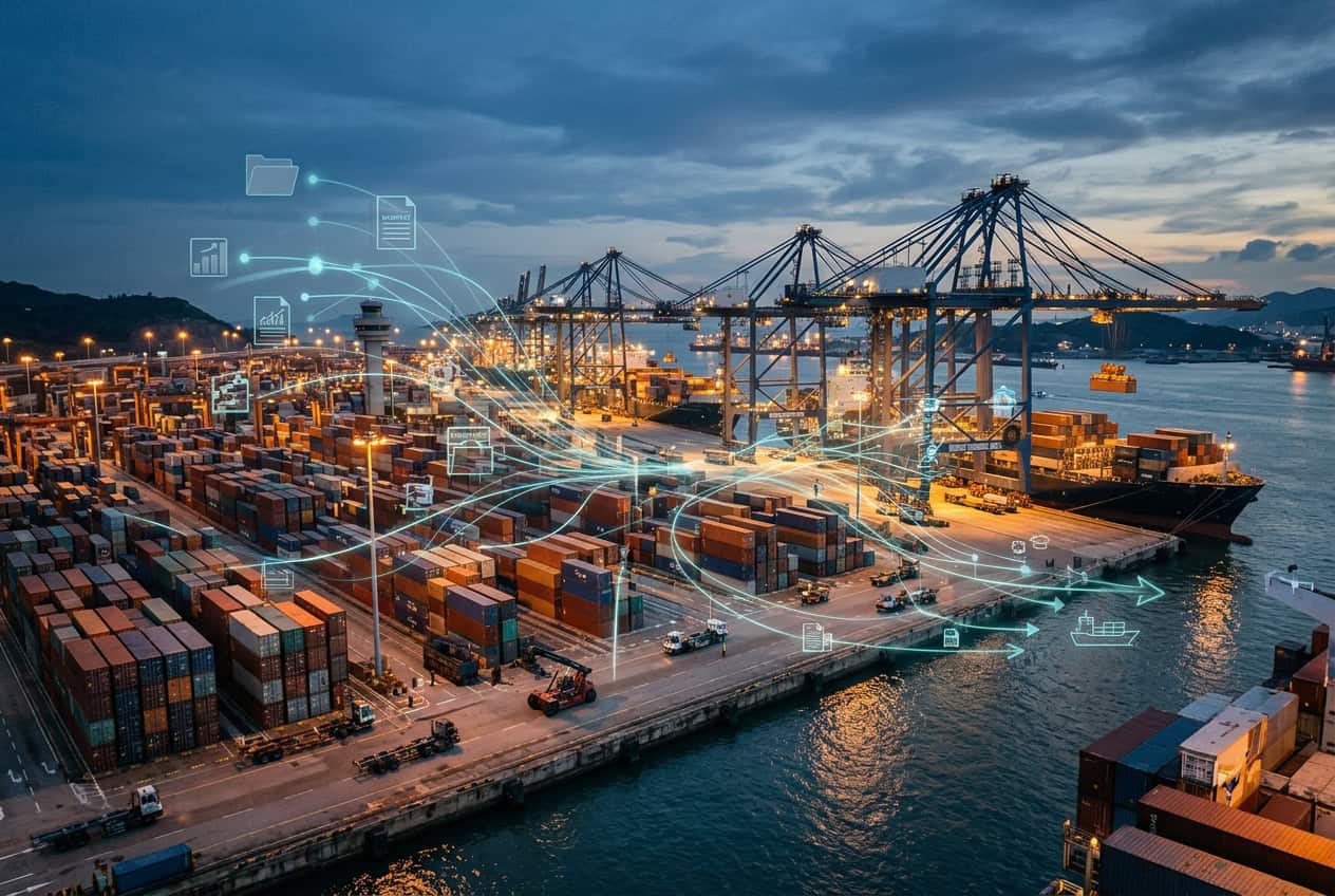 Aerial view of a container port at dusk with gantry cranes and a cargo ship, overlaid with glowing lines and document icons.