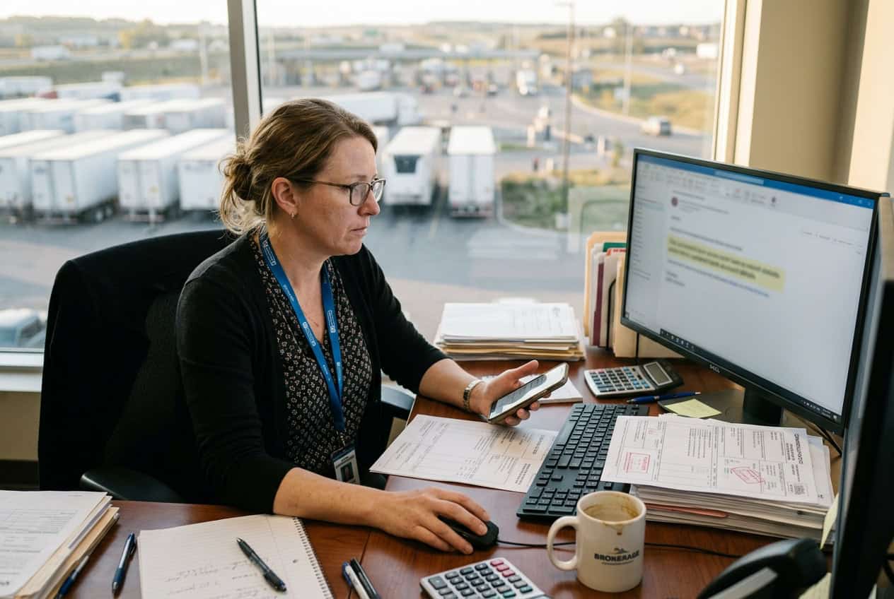 Freight broker at an office desk checks a phone and an email against bills of lading, with semi-trailers parked outside.