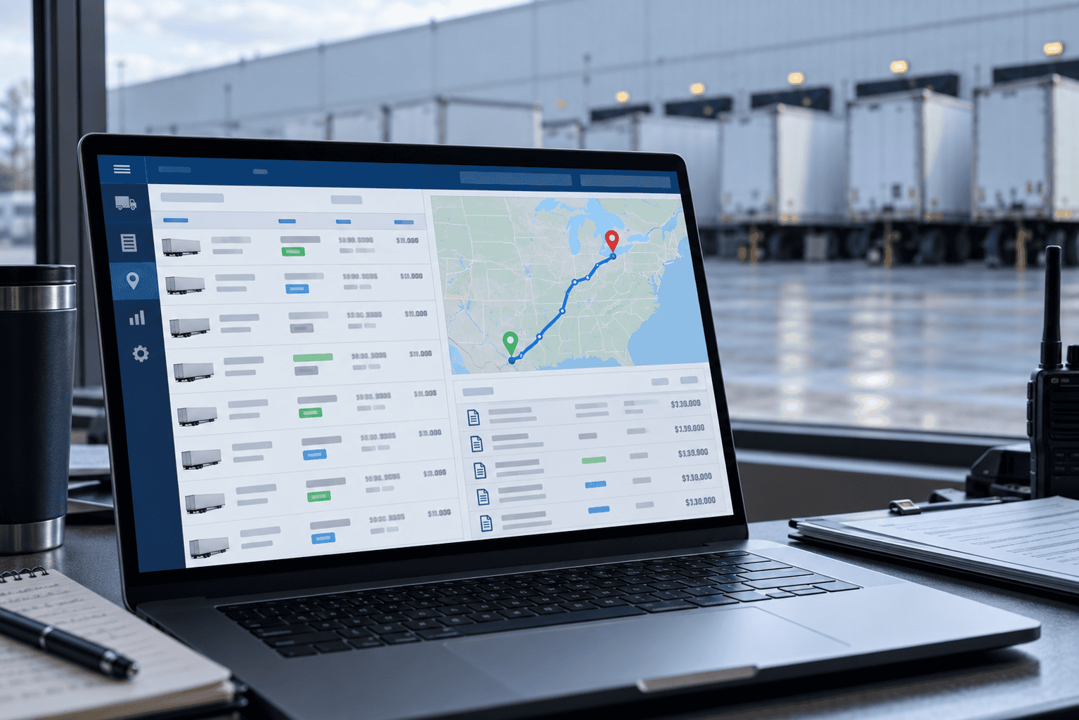 Laptop showing a freight management dashboard with a shipment list, a route map and invoices, on a desk in front of a warehouse loading dock lined with semi-trailers.