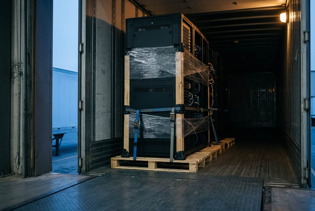 Shrink-wrapped server racks strapped to a wooden pallet inside an open semi-trailer at a loading dock at dusk.