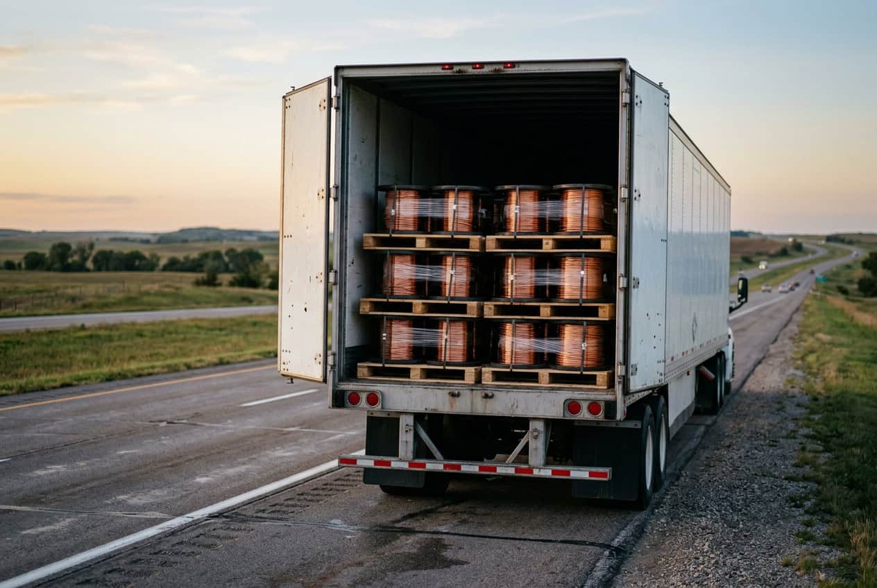 Rear view of a white semi-trailer parked on a rural highway shoulder at dusk with its doors open, showing stacked pallets of shrink-wrapped copper wire spools.