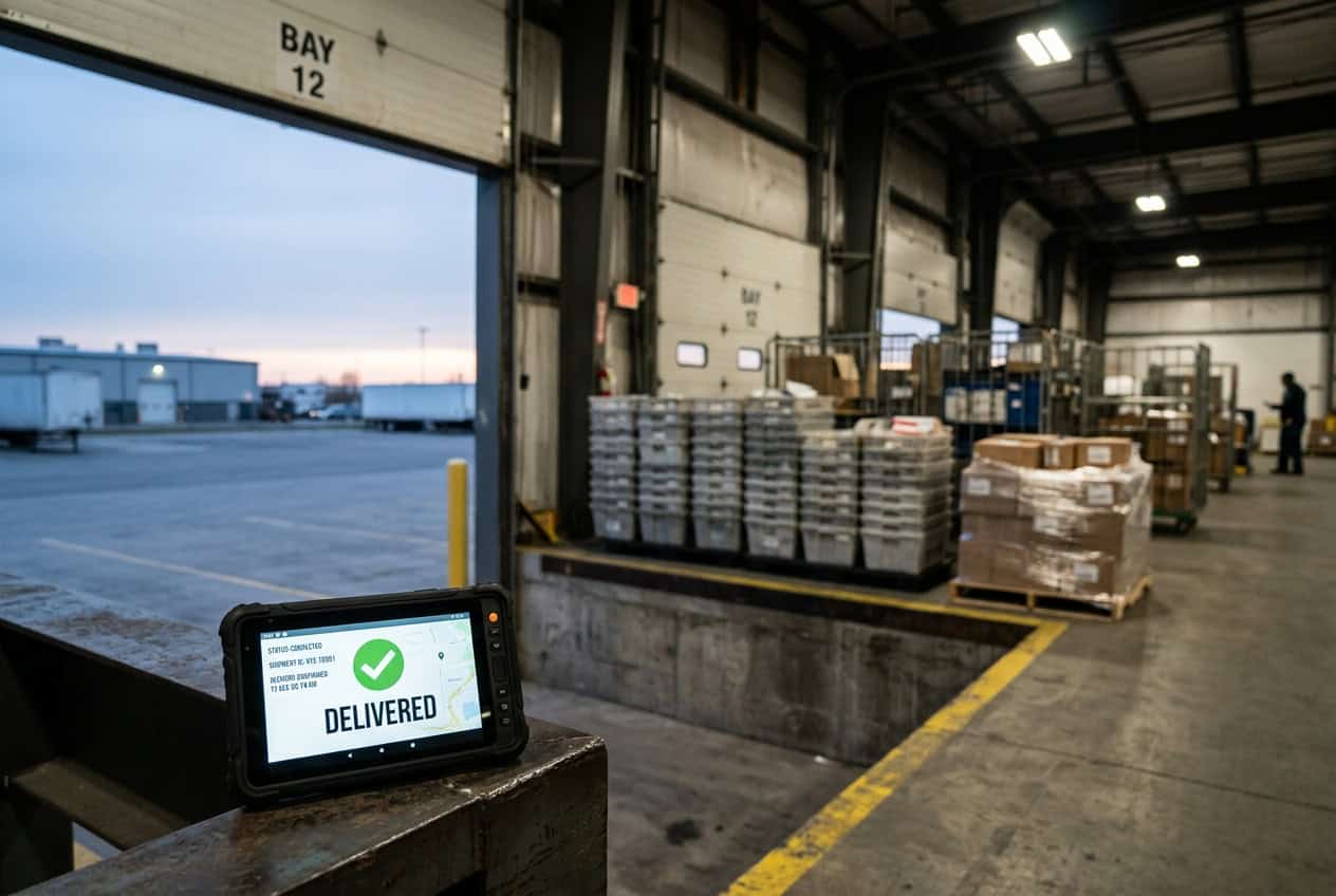 Rugged tablet showing a green checkmark and “Delivered” status on a loading dock rail at Bay 12 of a freight terminal at dusk