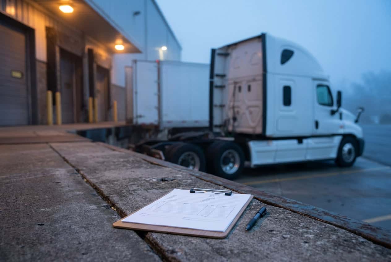 A clipboard holding a blank freight shipping form and a pen sits on a concrete loading dock. A white semi truck and trailer are parked at a warehouse dock door in the background on a foggy morning.