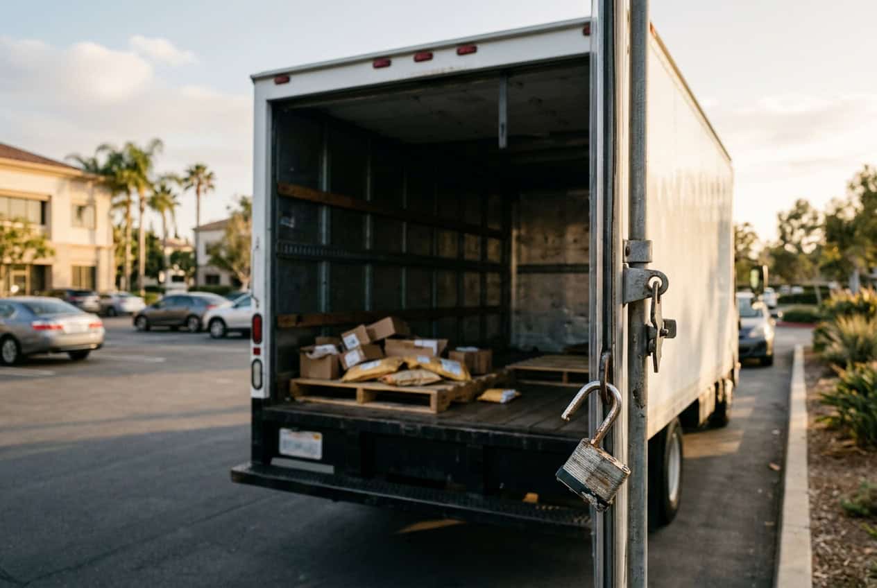 Box truck parked in a parking lot with its rear door open and a padlock hanging unlocked, showing packages and pallets inside that are exposed to cargo theft.